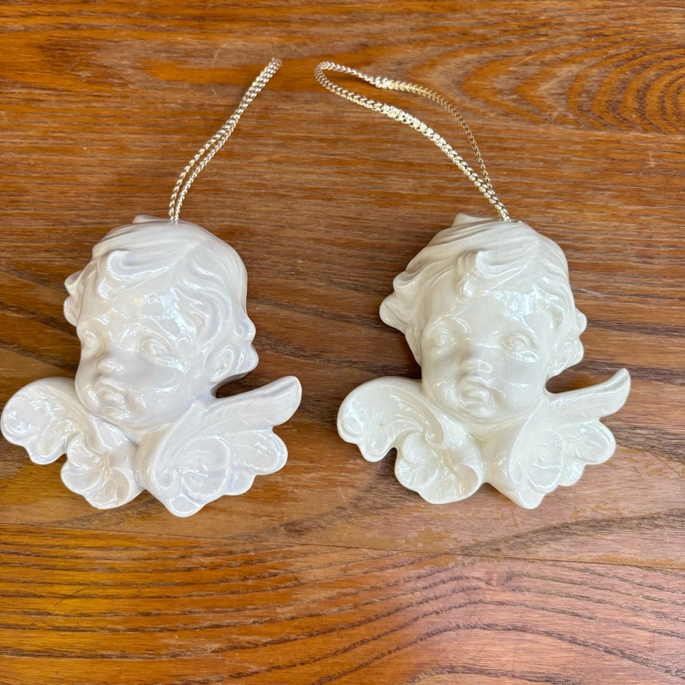 Vintage Ceramic Bisque Cherubs ornament White/off-white Glaze Holiday Set of 2